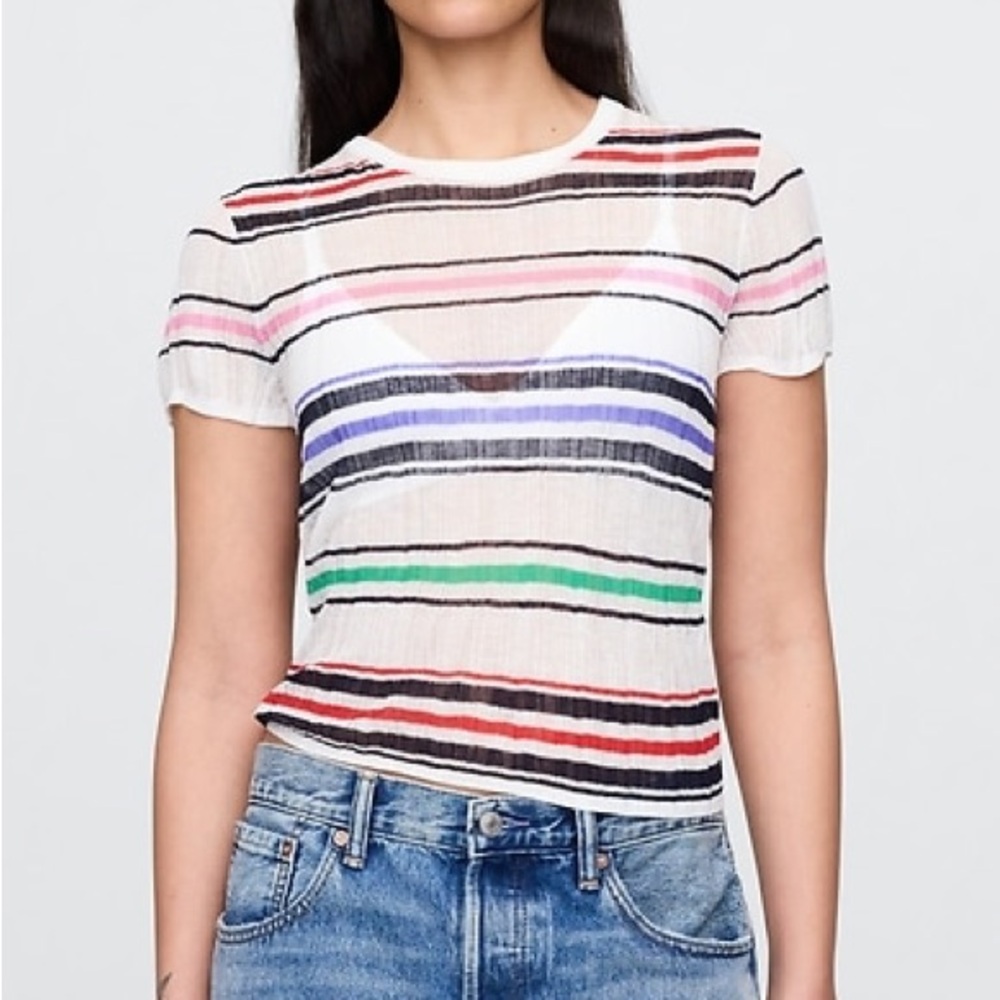 GAP Sheer Rib Sweater T-Shirt White Multi-Color Stripe